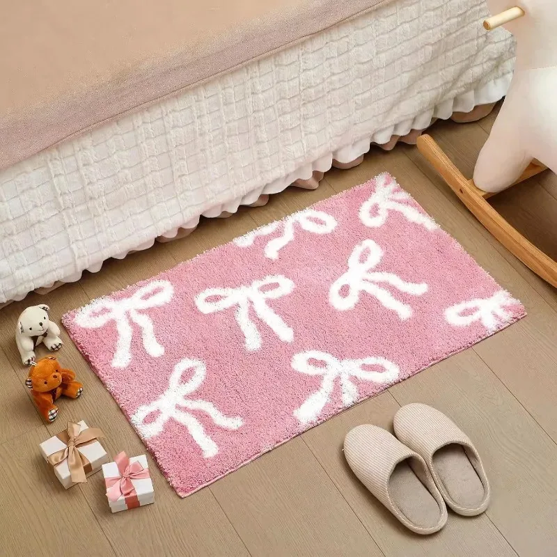 VIKAMA Badezimmermatte mit rosa Schleife, rutschfester, weicher Badezimmerteppich, bezaubernde, verspielte Bodenmatte für Schlafzimmer/Dusche/Eingangsbereich-Dekoration