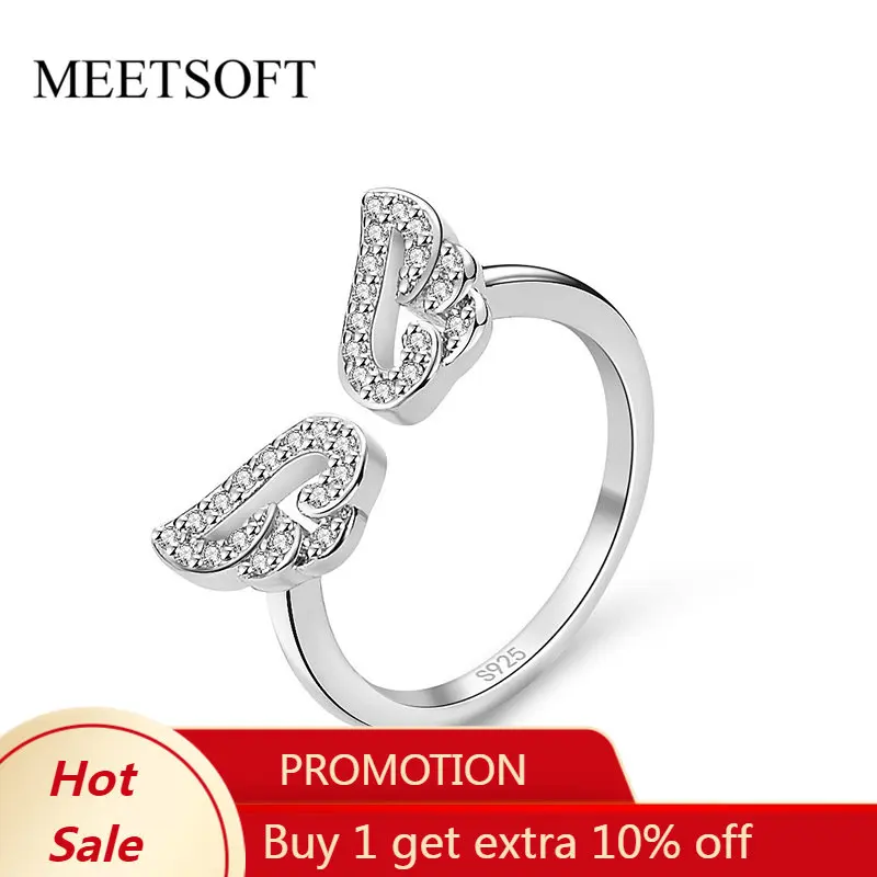 MEETSOFT Trendy 925 Sterling Silver Minimalist Little Wing Feather Zircon Opening Ring for Women Cute Fine Jewelry Drop Shipping