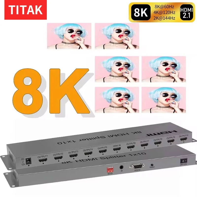 

8K HDMI Splitter 1x10 4K 120Hz HDMI 2.1 Splitter 1 In 10 Out Audio Video Distributor HDR 3D for PS5 PS4 Camera PC To TV Monitor