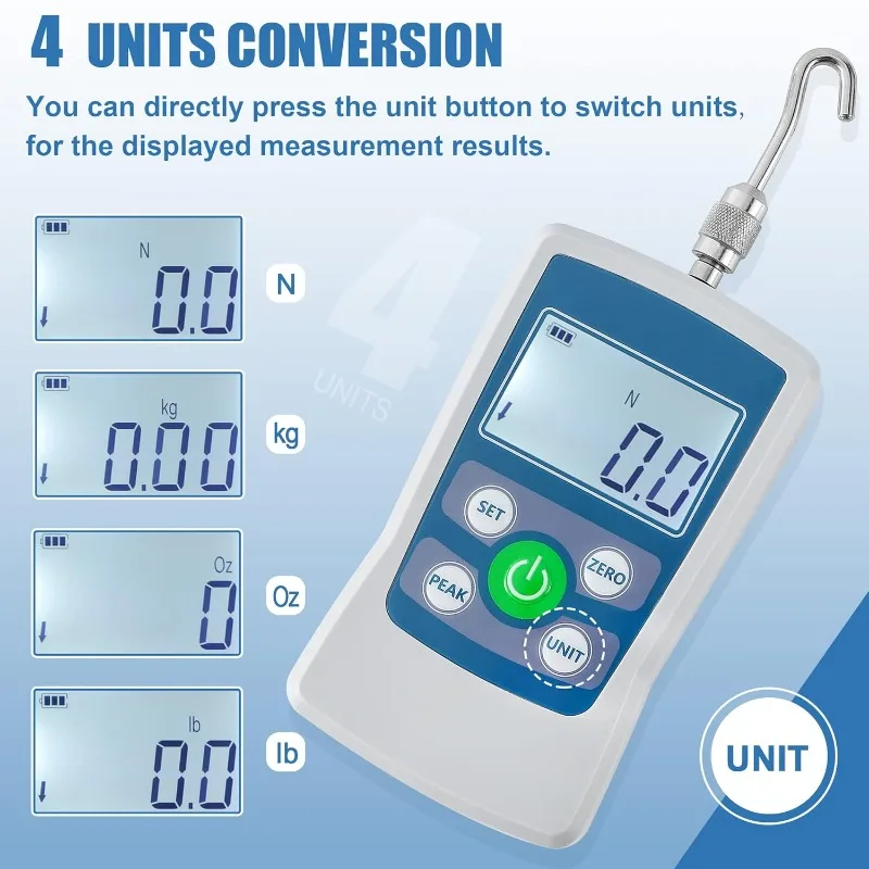 Digital Force Gauge 500N Push Pull Gauge 500N/110LB/50Kg/1800Oz Trigger Pull Scale with 4 Units Portable Storage Case Backlit