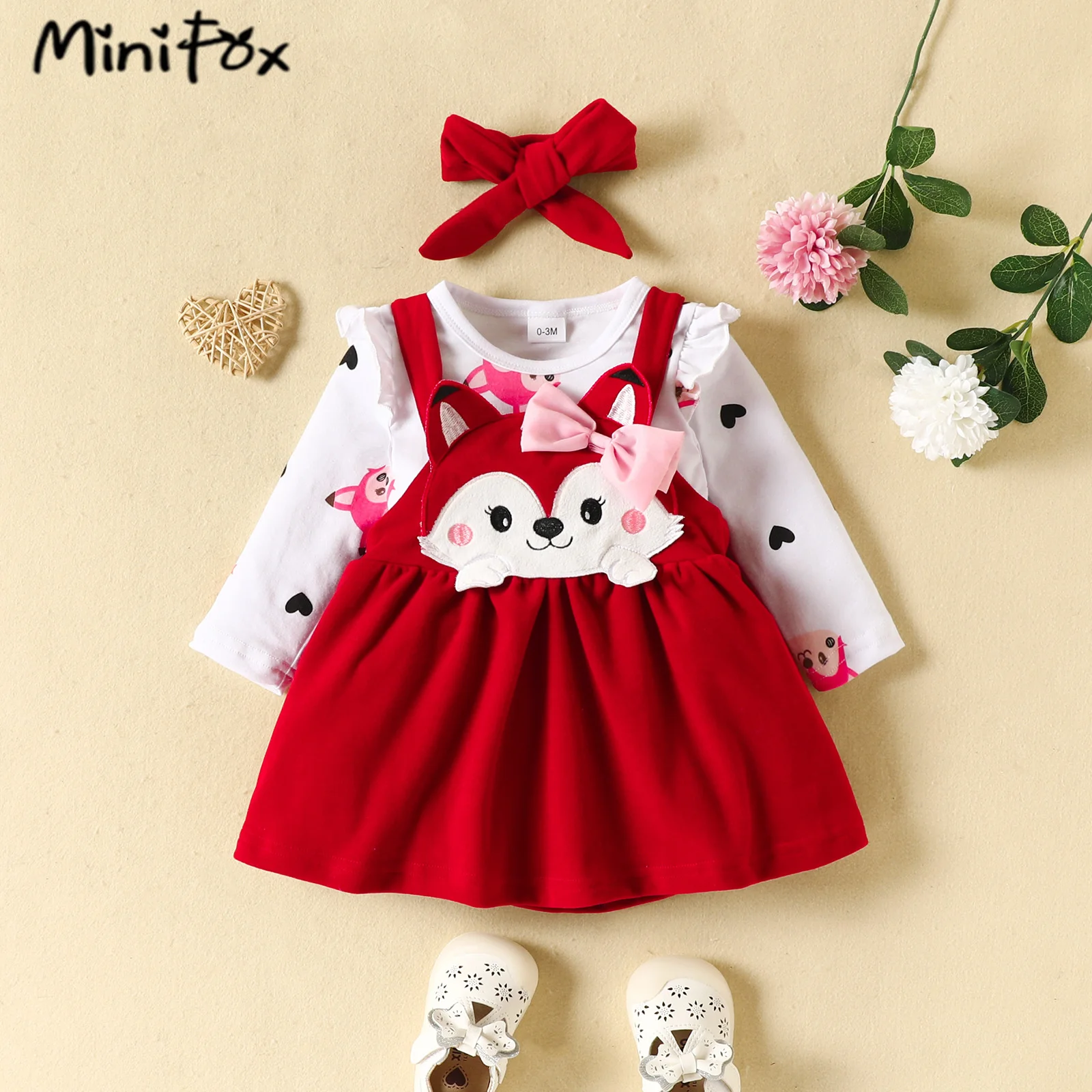 MiniFox Spring Cartoon Baby Dresses White Heart Bodysuit and Cute Fox Dress For Girls Infants Kids Baby Clothes Outfit Sets