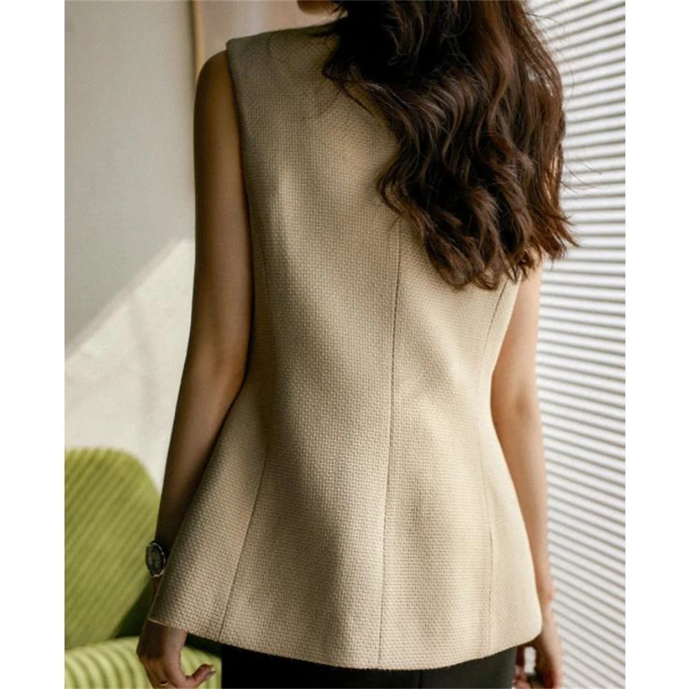 S-3XL All Match Retro Slender Outerwear Autumn Casual Vest Women Vests Waffle Woven Single Breasted Coats Office Lady Elegant