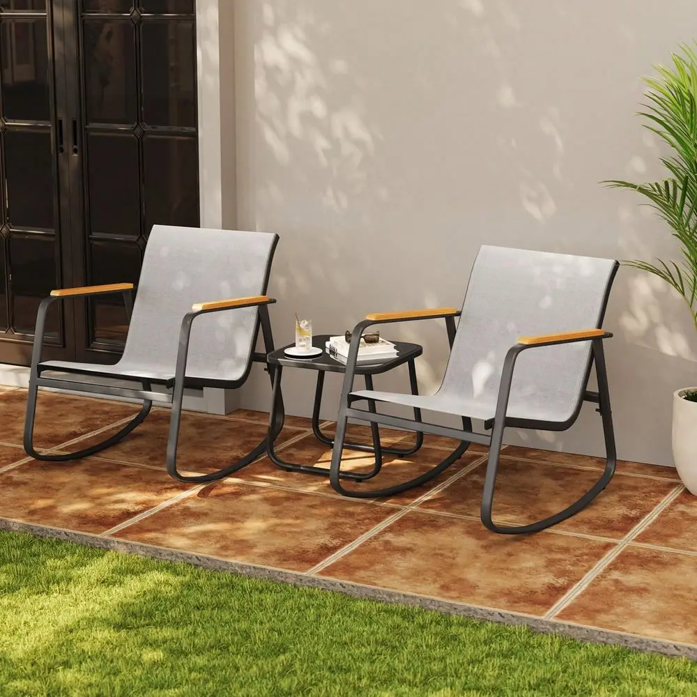 

3 Piece Rocking Bistro Set, Textilene Fabric Patio Furniture Set, Front Porch Rocker Chairs With Coffee Table For Lawn, Garden,