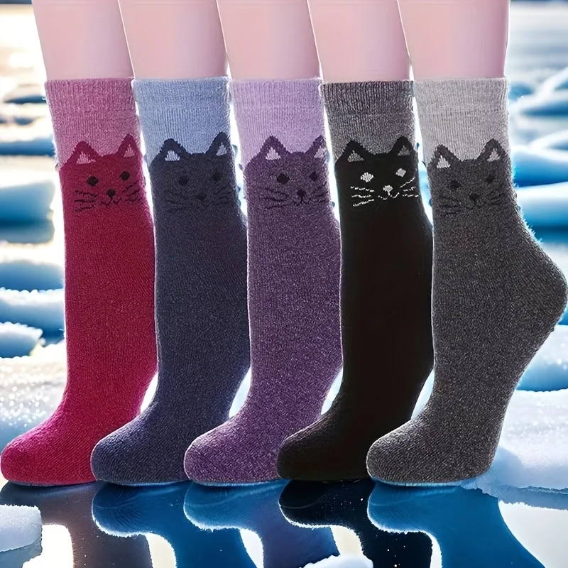 5 pares de cómodos calcetines de invierno con temática de gato: mezcla de forro polar suave, cálido y grueso, calcetines navideños