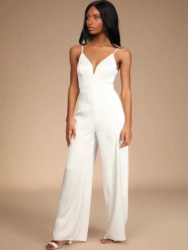 

White Knot Design High Waist Wide Leg Jumpsuit Lengthened Pants High Faion Street Sle Clothing for Women