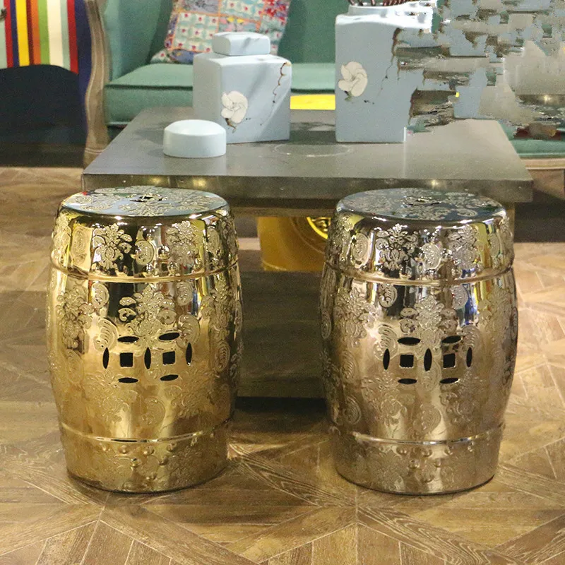 Hand-carved gold and silver ceramic drum stool European Baroque creative dressing shoes embroidered porcelain stool