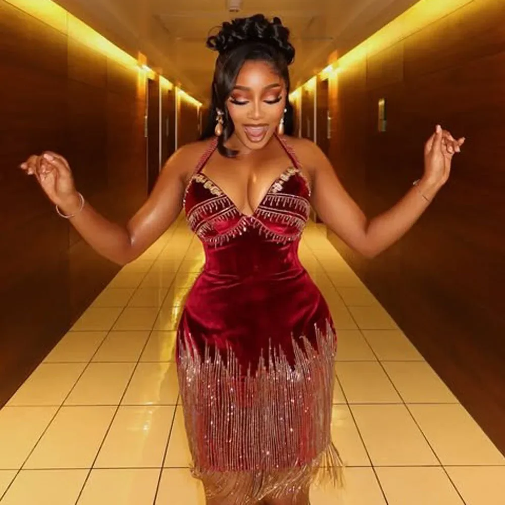 Shalter querida sexy voltar na altura do joelho aso ebi vestido de festa à noite veludo sexy vestido de aniversário grandes borlas sereia vestido de baile