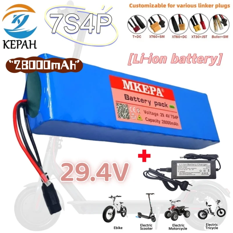 

Литиевая батарея 24 В, 28 Ач, 7S4P, 29,4 В, 28000 мАч, 18650 P108, электрический скутер, 15 А, сиденье, источник питания BMS + зарядное устройство 29,4 В