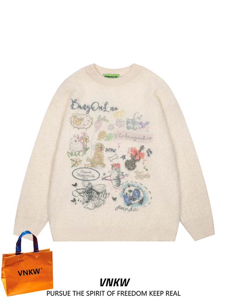 

Мужской свободный свитер в американском уличном стиле с мультяшным принтом, утепленный, вязаный, для осени и зимы