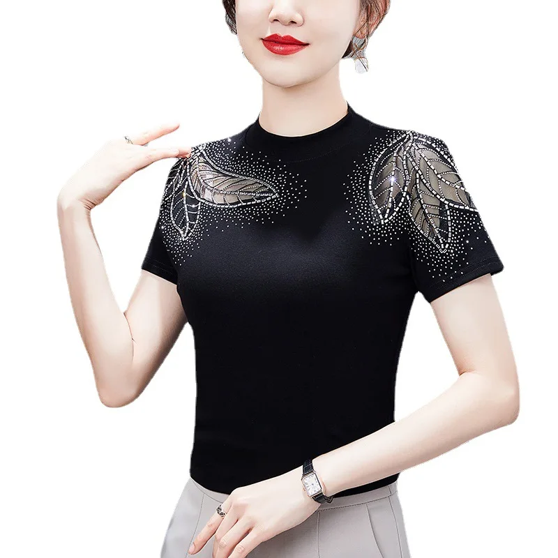 New 2024 Summer Short Sleeved O-Neck Women's T-Shirt Elegant Slim Hot Drilling Hollow Out Black Mesh Tops Blusas