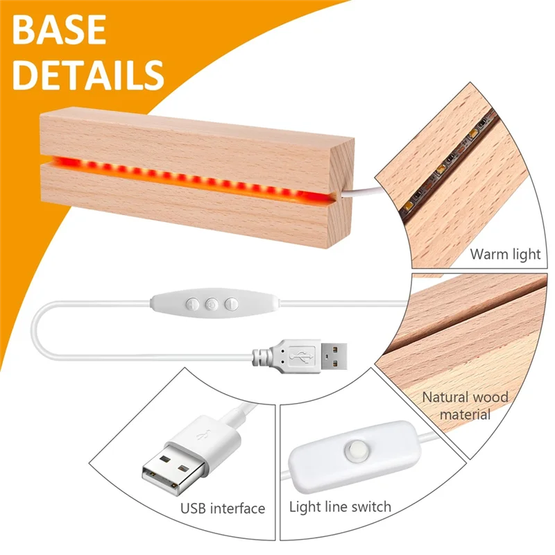 

Y17A LED Wooden Socket, LED Light Base, USB Wooden Base, LED Lights Socket, Rectangular Illuminated For Acrylic Glass 4Pcs