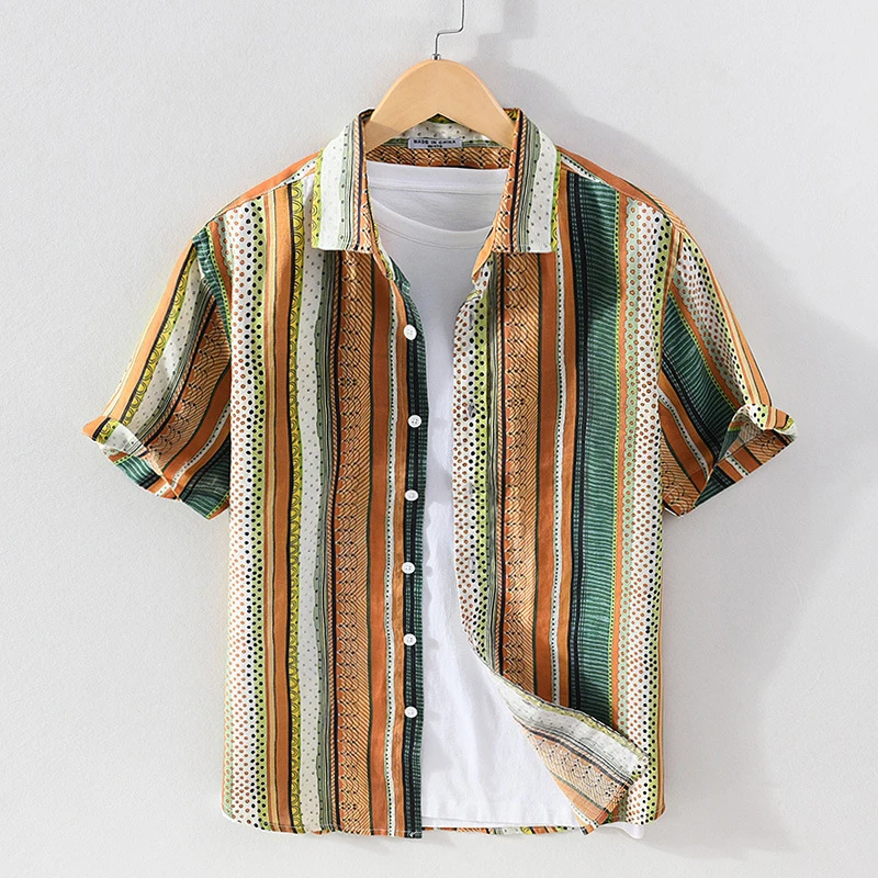 Personalized Stripe Printed 100% Linen Men\'s Short Sleeve Shirt New Summer High Street Casual Top Fashion Thin Breathable Blouse