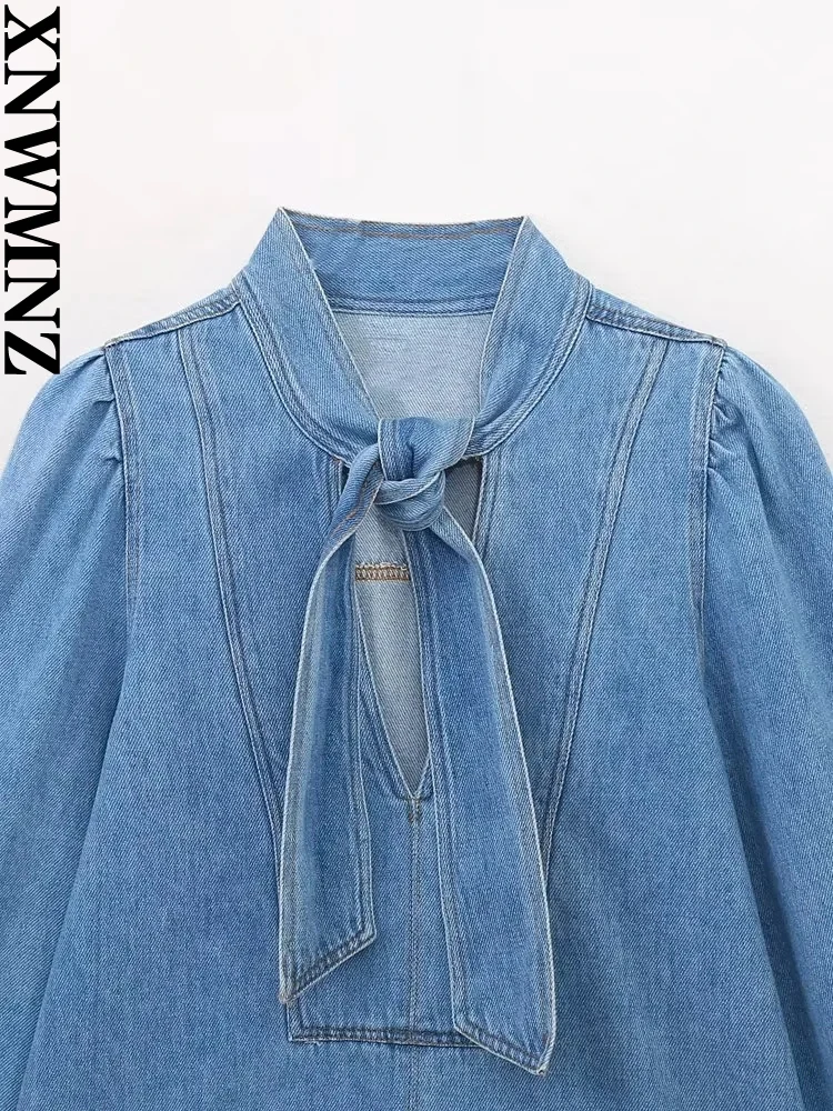 XNWMNZ 2023 Women Fashion Bow Denim Blouse or High Waist Cape Midi Skirt High Street Female Chic Two Piece Set