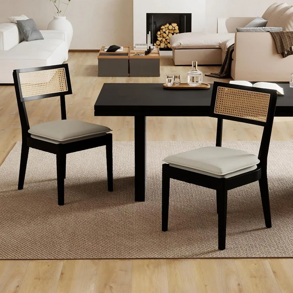 Rattan Farmhouse Dining Chairs Set of 2, Linen French Country Dining Chairs with Hollow Back, Double Upholstered Dining Room Cha