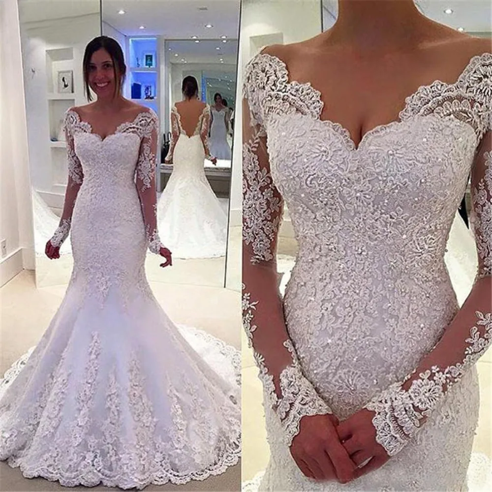 Elegant V Neck Backless Mermaid Wedding Dress Lace Long Sleeves Appliques Floor Length Tulle Bridal Gown Vestido De Novia