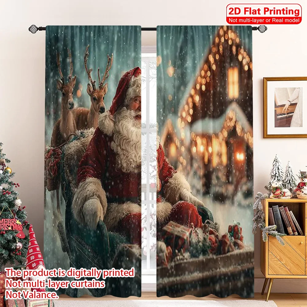 

2pcs 2D flat printing Merry Christmas Window Curtains Santa Claus and the Reindeer Versatile 100% Polyester Without Electricity