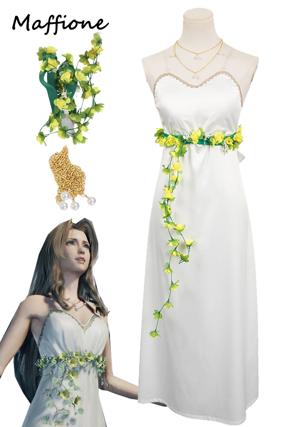 

FF7 Aerith Cosplay Dress Costume Game Final Disguise Fantasy Outfit Flower Belt Costume Women Halloween Roleplay Suit