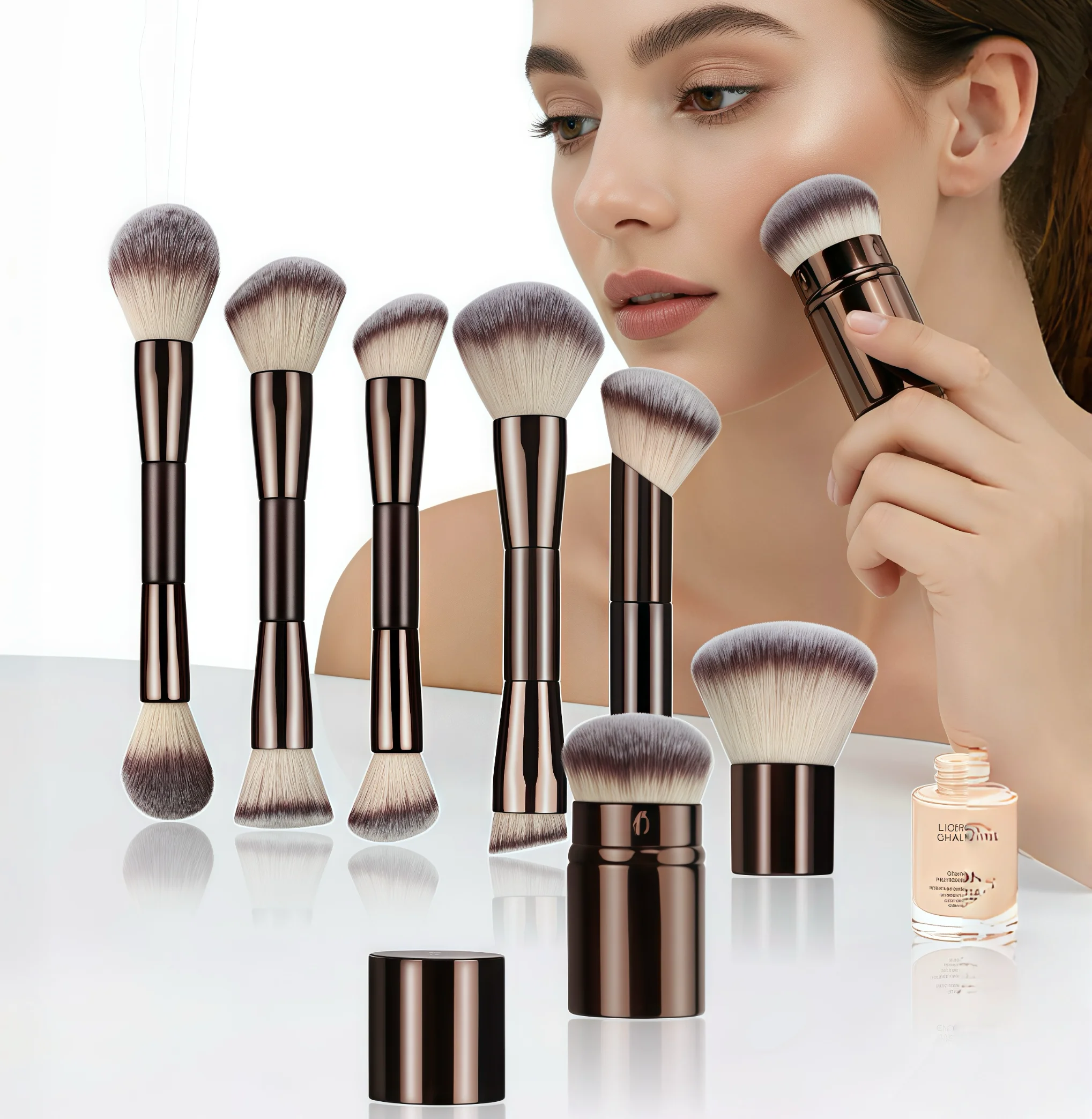Two-In-One Makeup Brush, Multi-Functional Double-Ended Makeup Brush, Foundation Brush, Loose Powder Brush, Blush Brush, Powder Brush, Contour Brush, Liquid Makeup Brush, Women's Special Brush