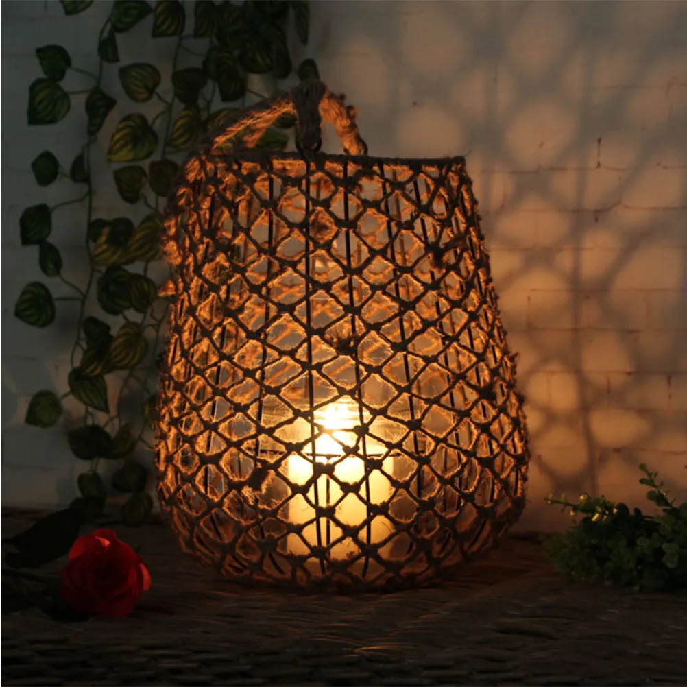 Retro Woven Rope Candlestick Decorative Lamp for Living Space Bedroom Office Restaurant Elegant Warm Glow Size M