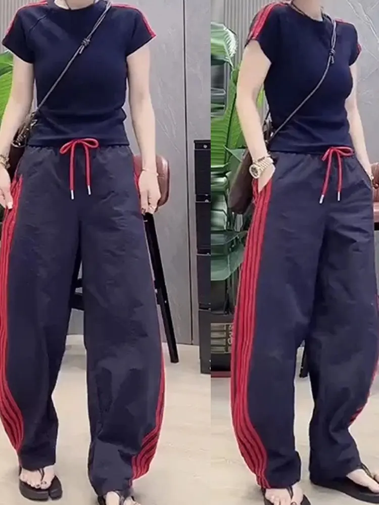 

Casual Sportswear Set Women's Slim Fit Short Sleeve T-Shirt Dopaamine Work Pants Two Piece Summer New Fashion Color Block