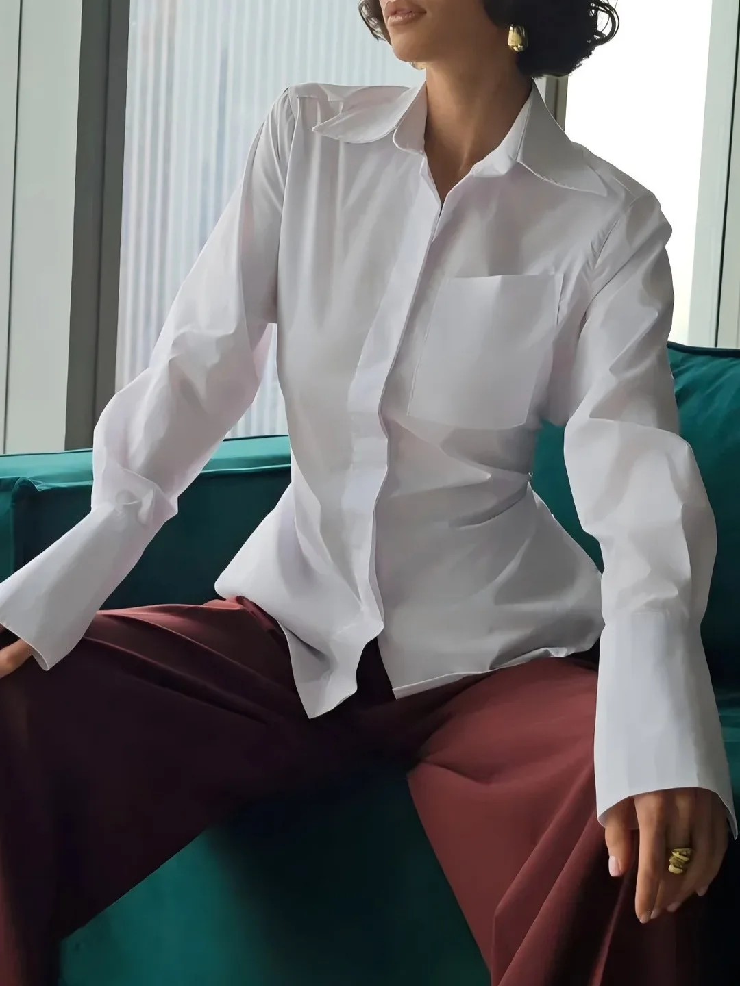 Casual Faion Damen irt Pure Color Turn-Down-Kragen-Top Vielseitige lockere Passform Lange Sve Mädchenkleidung