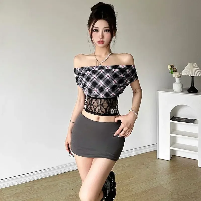 French High-end Temperament Plaid Sexy Lace See-through Splicing Multi-wear Strapless Top Women's with Versatile Backless Top