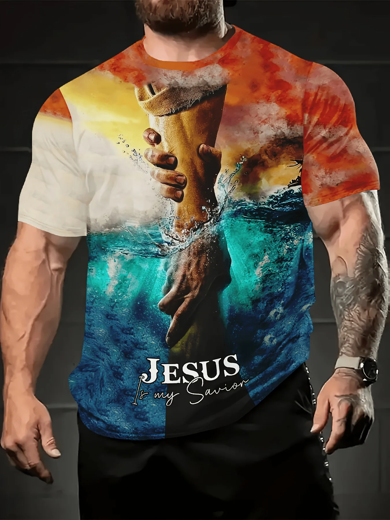 

Men's Trendy 3D Jesus Print Casual Tee - Short Sleeve, Crew Neck, Breathable Polyester - Perfect for Summer Outdoor Activities