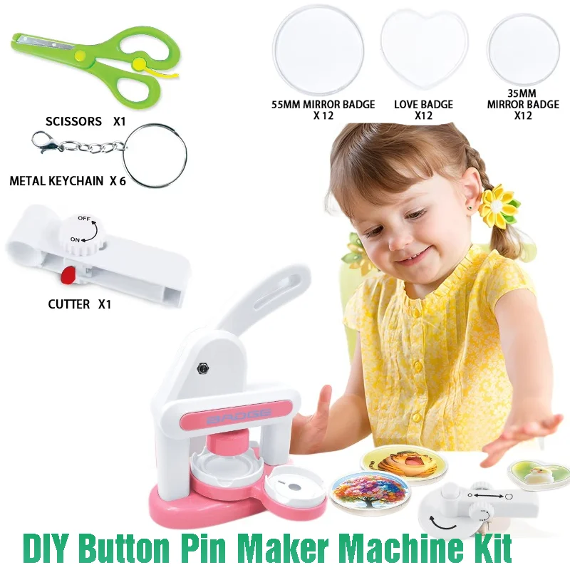

DIY Button Badge Maker Machine for Kids - Cutter + 36 Consumables 6 Keychains 3 Stickers for Handmade Artwork Gifts