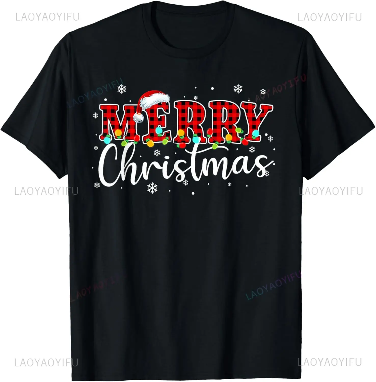 Merry Christmas Buffalo Plaid Red Santa Family Xmas Pajamas T-Shirt Unisex Summer Streetwear Tops Couple Casual  Vintage Clothes
