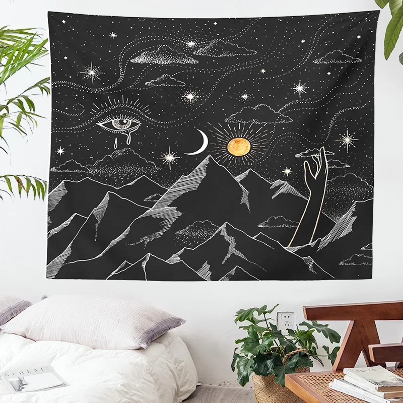 Starry Sky Tapestry Black Sun Moon Tapestry Wall Hanging Bohemian  Psychedelic woman plant Cloth Bedspread Bedroom Decoration