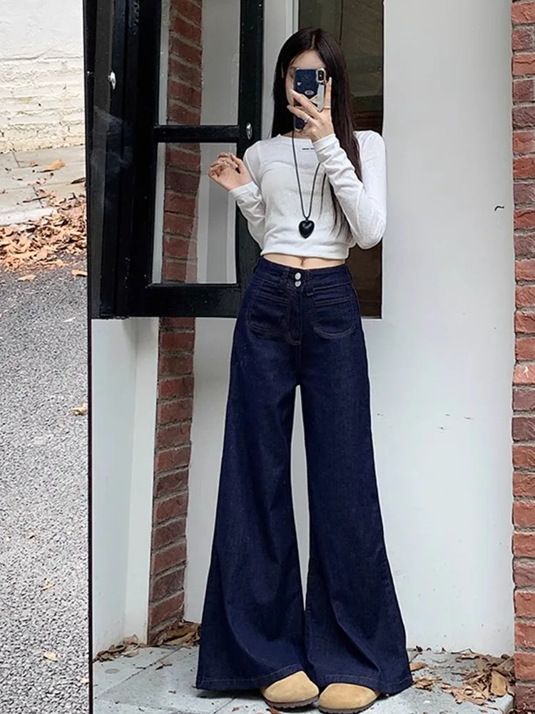 Street Trends Deep blue wide leg jeans women 2025 loose and fashionable all season high waisted hanging down floor pants