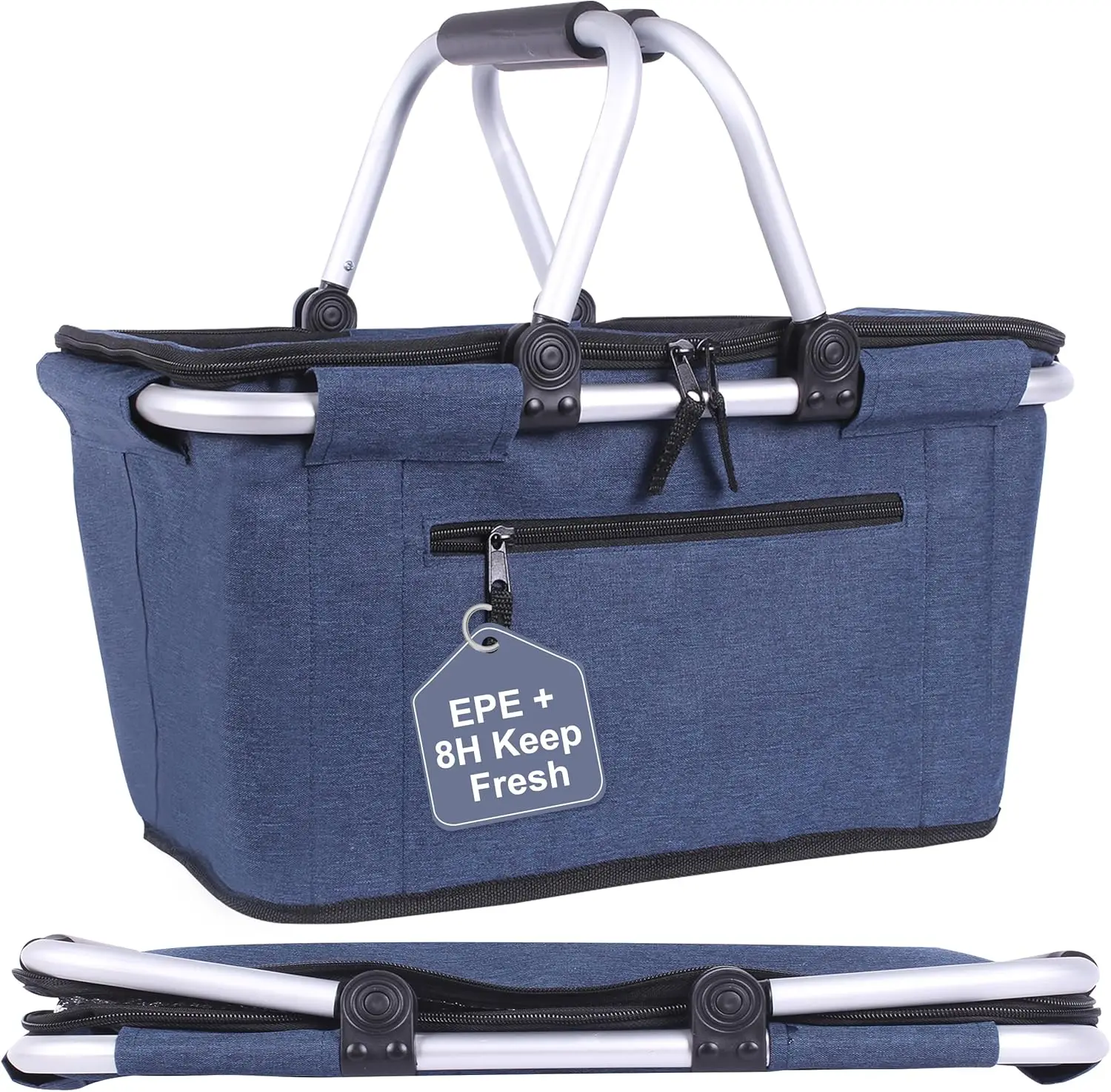 

Collapsible 27L Picnic Cooler Basket with Lid and Handles Reusable Foldable Grocery Tote for Travel