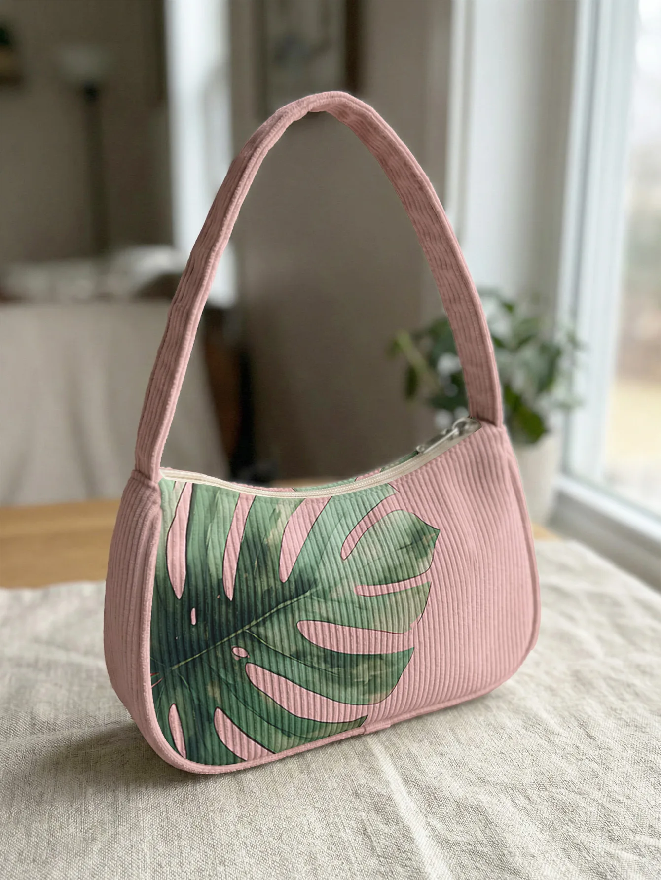 Pink Base Monstera Leaf Print Shoulder Bag, Corduroy Underarm Bag For Daily Casual Use