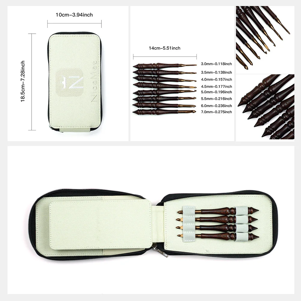 Crochet Hooks European Brown Wooden Handle Crochet Hooks 8 Pcs Set Polished Aluminum Tip Ergonomic Grip Yarn Weaving Hand Craft