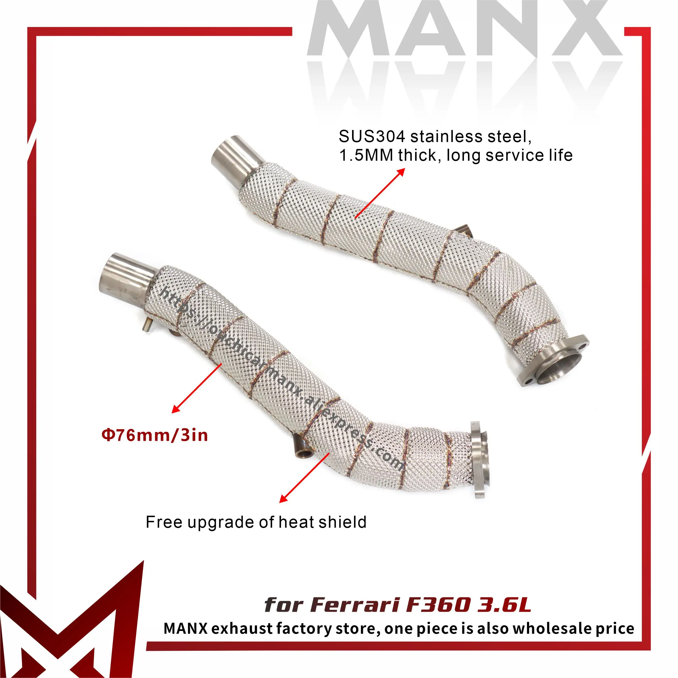 

Приемная труба MANX SUS304 для Ferrari F360 3,6 л Выхлопная труба Высокоточная неразрушающая установка Тепловой экран