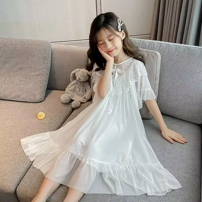 Summer Thin Lace Girls Nightgown Solid Color Mesh Children Home Clothes Long Nightdress Sweet Princess Style Baby Girl Nightgown