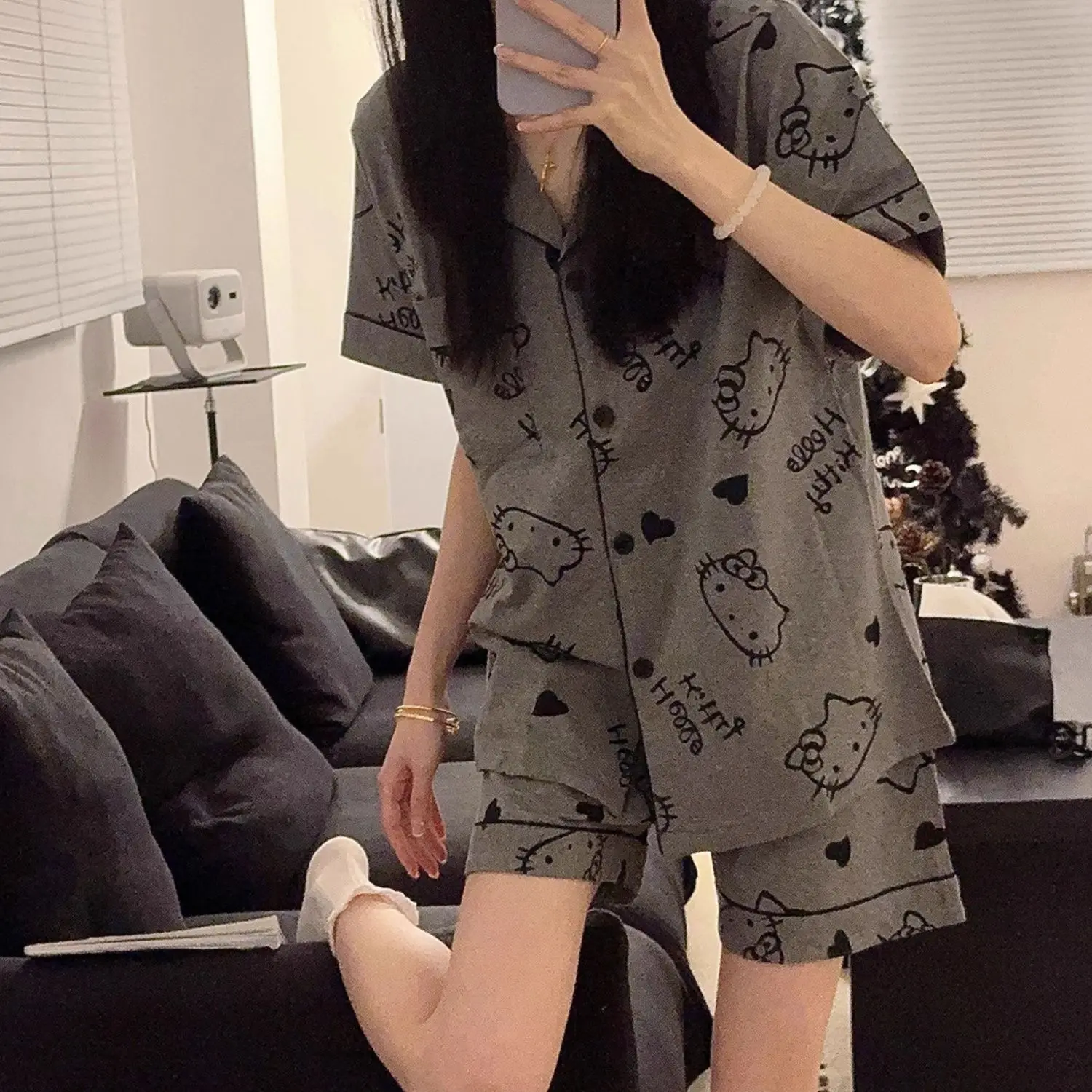 

Sanrio Hello Kitty Pajamas Woman Summer Nightie Shorts Short Sleeve Sleepwear Kawaii Cartoon Nightie Student Home Clothe Set New