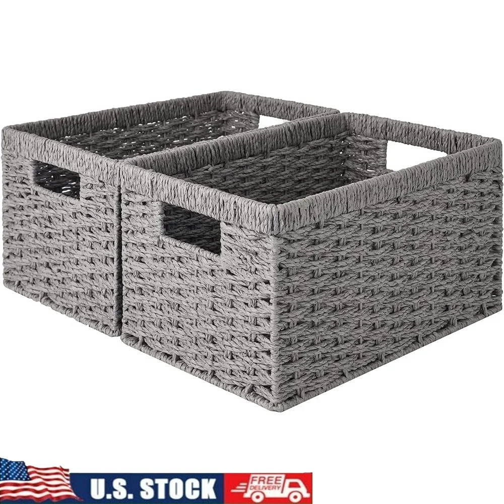 

Handcrafted Paper Rope Storage Baskets Wicker Bins with Built-in Handles Organizing Towels Magazines Toys Media 2-Pack