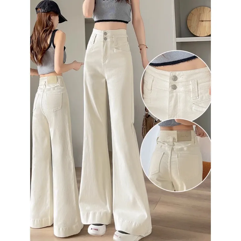Off-white Wide-leg Jeans Women's Trend Versatile New High-waisted And Thin Belly-covering Slim-fitting Design Slightly Pulled