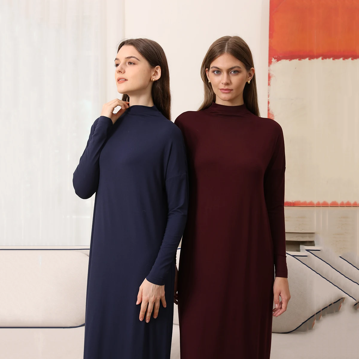 AP 2025 Autumn Women Modal Maxi Dress Mock Neck Lady Loose Style Clothing Batwing Sleeve Soft and Elegant