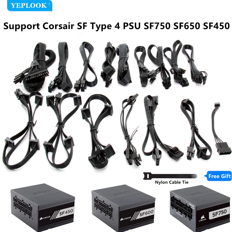 Kabel Daya Modular untuk Corsair SF750 SF600 SF450 tipe 4 daya, GPU PCIe 8Pin 6 + 2Pin, CPU 4 + 4Pin, SATA Molex 4Pin, ATX 24Pin Net