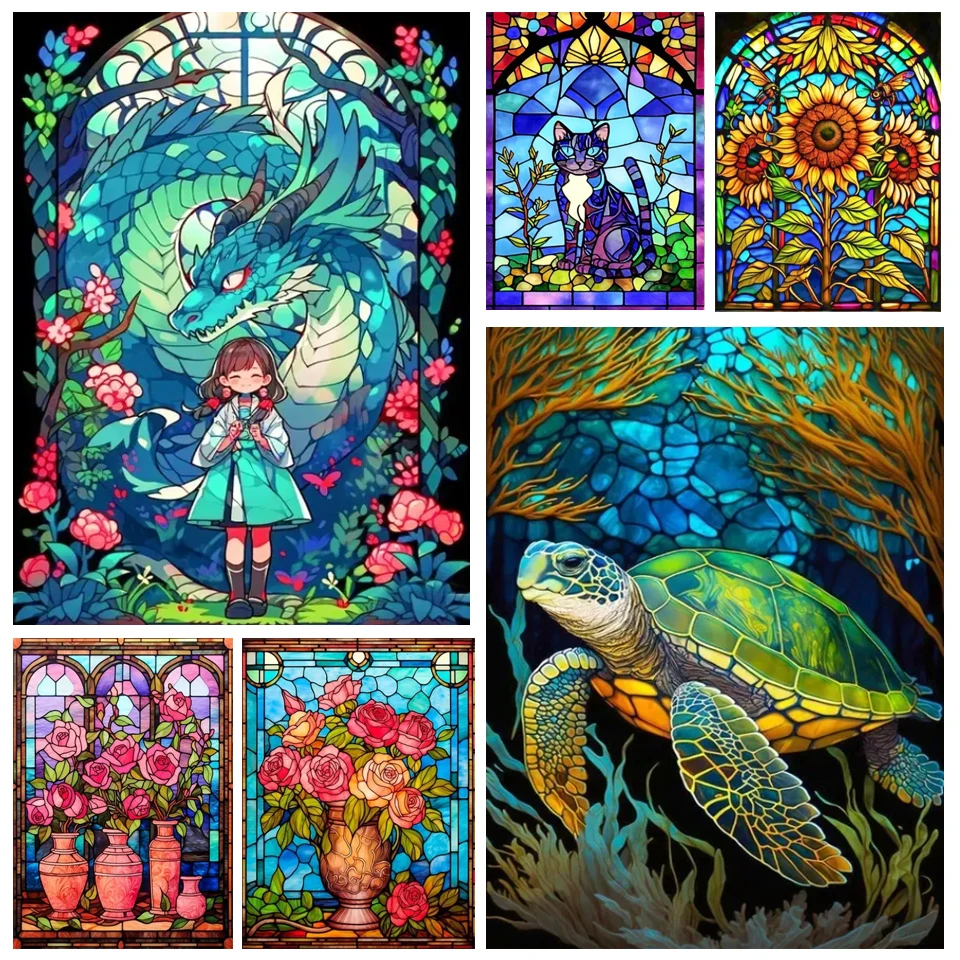 DIY Diamond Painting Stained Glass Sunflower Peony Cow Turtle Rhinestone Full Diamond Mosaic Embroidery Cross Stitch Kit G369