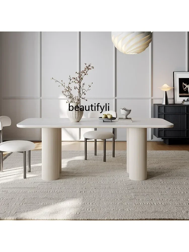 

cn8617 ssss 8617 Cream wind rock board dining table household light luxury small apartment white rectangular dining table and ch