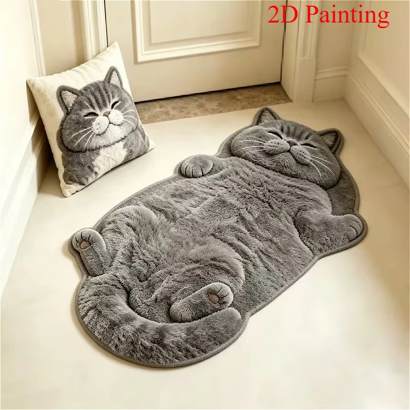 Tapis en forme de chat paresseux de dessin animé mignon, décoration créative et amusante pour la maison, tapis de sol pour chambre à coucher, tapis d'entrée, tapis de salle de bain, tapis doux et lavable