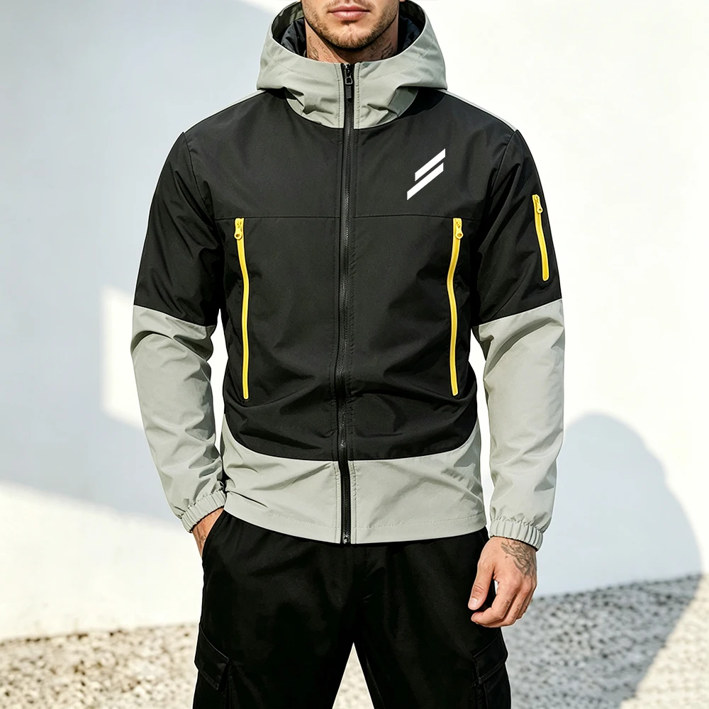 Men Color Block Full Zip Hooded Windbreaker Jacket Zipper Pocket Double Diagonal Stripe Print Outdoor Casual Splicing Coat