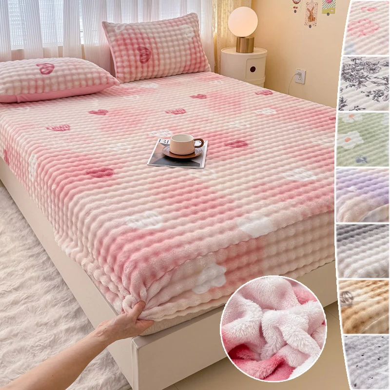 

New Premium Flannel Fitted Sheet Elastic Winter Mattress Cover Thick Warm Velvet Bed Linens 150/180/200cm Home Thermal Bedding