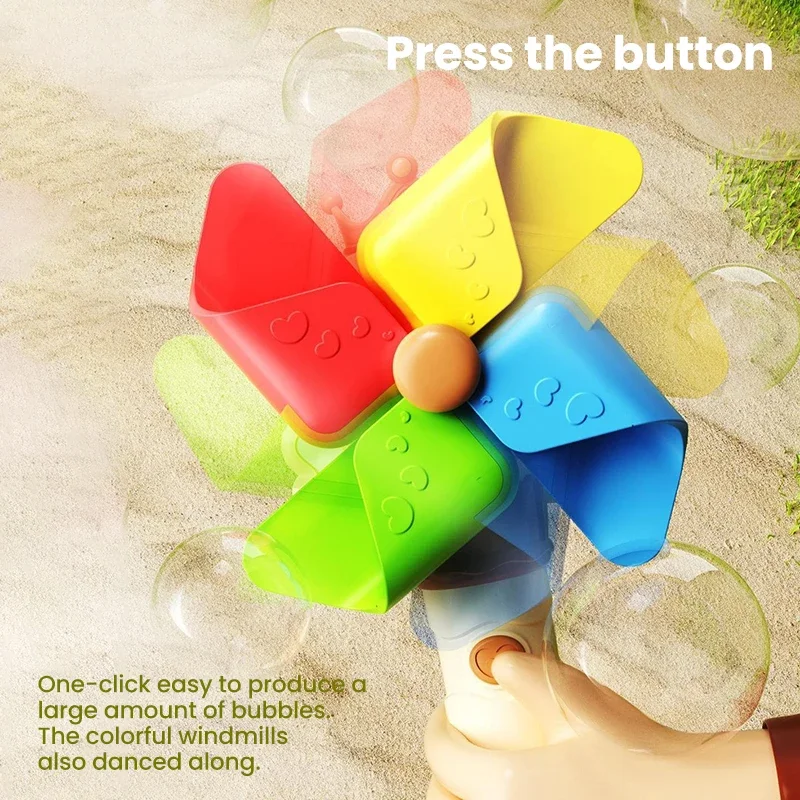 Macchina per bolle di mulino a vento portatile Macchina automatica per bolle che soffia 360 ruotano bastoncini di bolle con giocattoli magici all'aperto leggeri per bambini