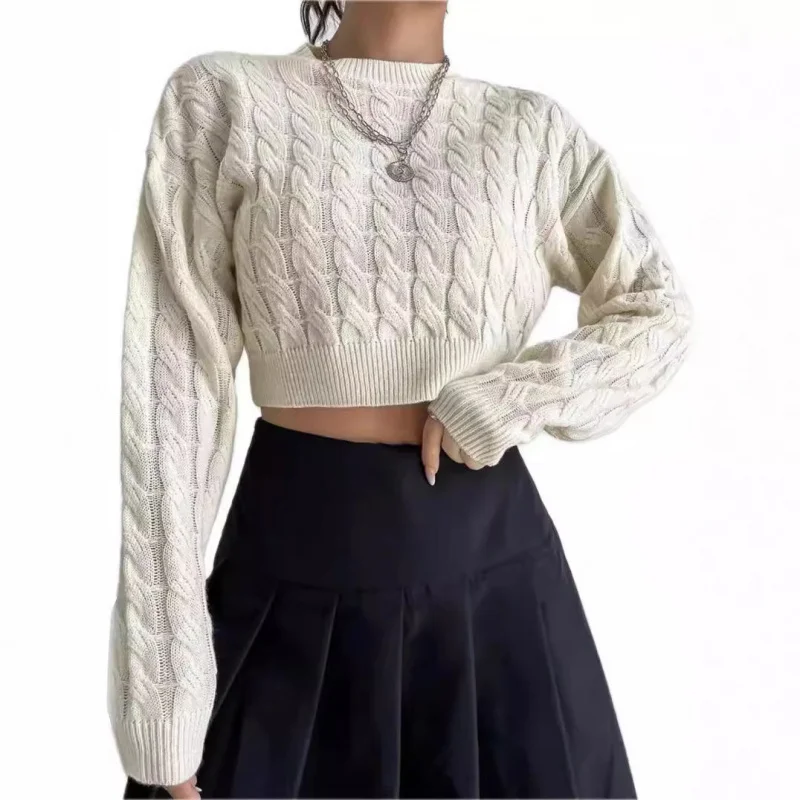 High Quality Women's Tops Twist Knitted Fitted Waist Midriff-Baring Sweater Autumn and Winter Long Sleeve O-neck Short