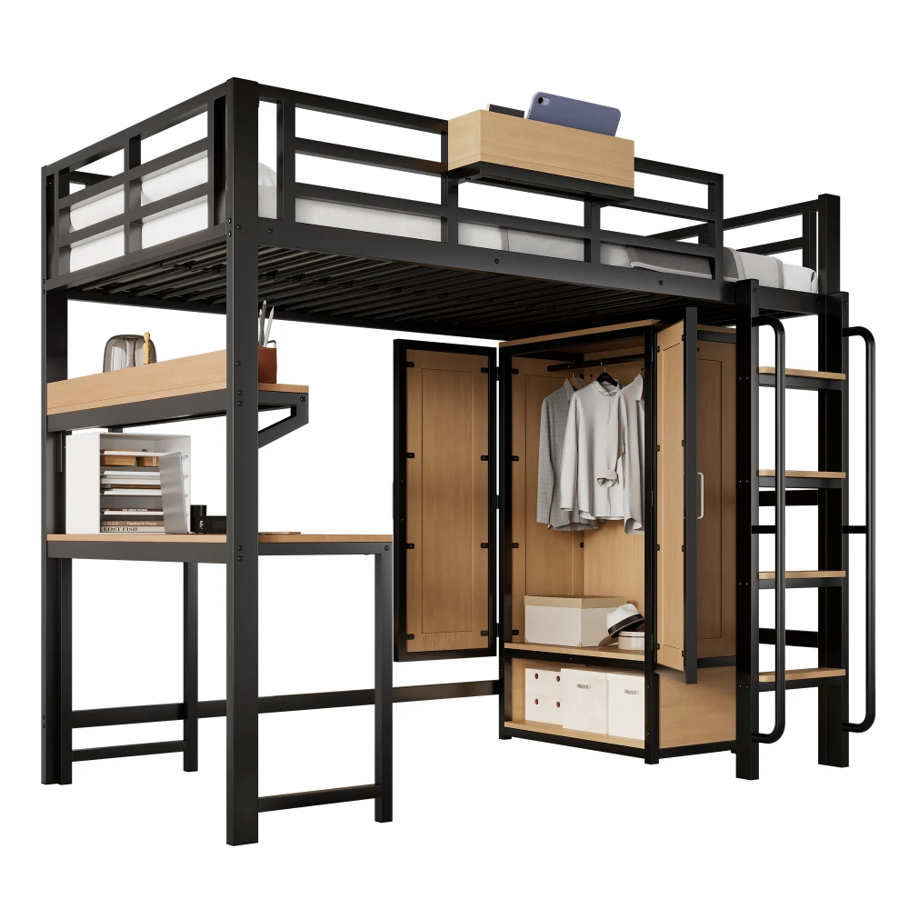 PINGGO Schwarz & Naturfarbenes Eisen-Etagenbett 90x200cm mit Kleiderschrank, Treppe, Schreibtisch, Staufächern, Metall, MDF, ohne Matratze – Detail 9