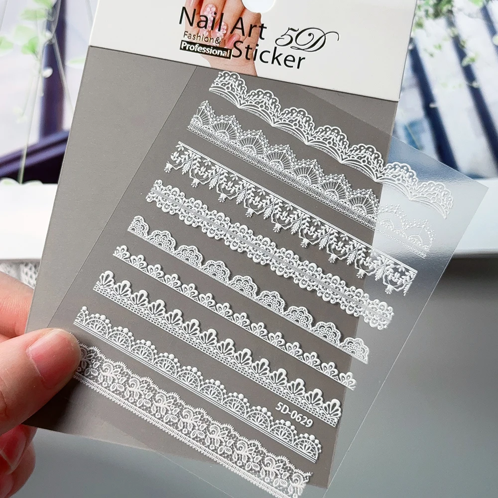 1/2Sheet/set Y2K 5D White Lace Flower Nail Art Stickers Embossed White Flowers Decal For Wedding Bride Lace Flowers Nail Slider
